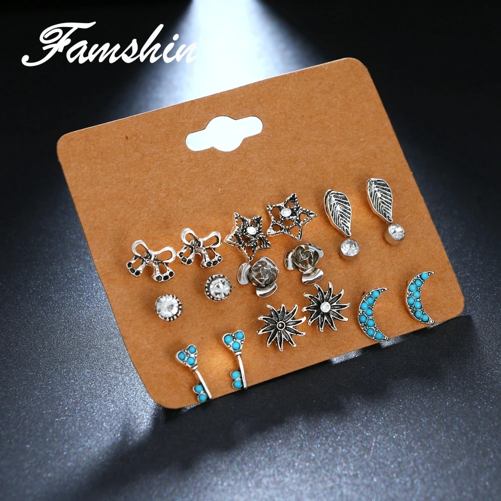 

FAMSHIN 9 Pcs/Set Fashion Multiple Styles Earrings Vinatge Mixed Crystal Bow leaf moon key Earrings Sets For Women Boho Jewelry