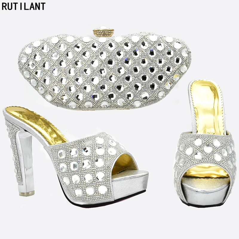 Итальянский комплект из женских туфель и сумочки, украшенный стразами; комплект из вечерних туфель и сумочки; роскошная женская обувь на высоком каблуке