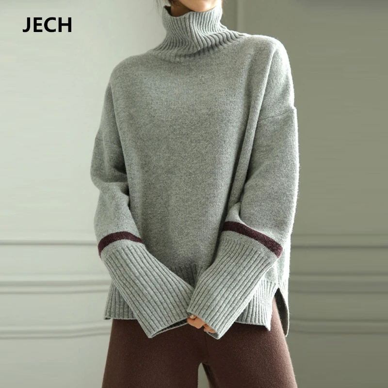 

JECH Winter Women Turtleneck Cashmere Sweaters Long Sleeve with Line 2018 Fall Wool Loose Solid Pullovers Fashion Knitted Jumper