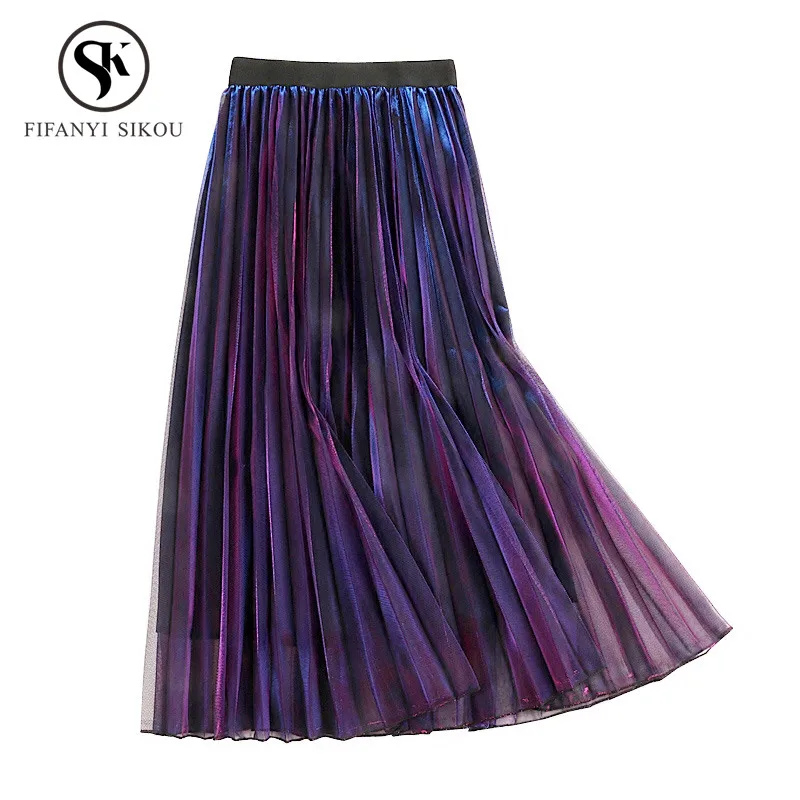 Весна Новая мода флуоресцентные цвет Высокая талия юбка для женщин сетки сращены Женская гофрирующая юбка Эластичный Длинные юбки для