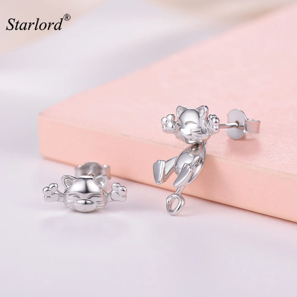 Счастливый кот серьги 925 пробы серебряный милый котенок Серебряный Кот Симпатичные серьги-гвоздики кошка подарок для женщин/девушек E6086B