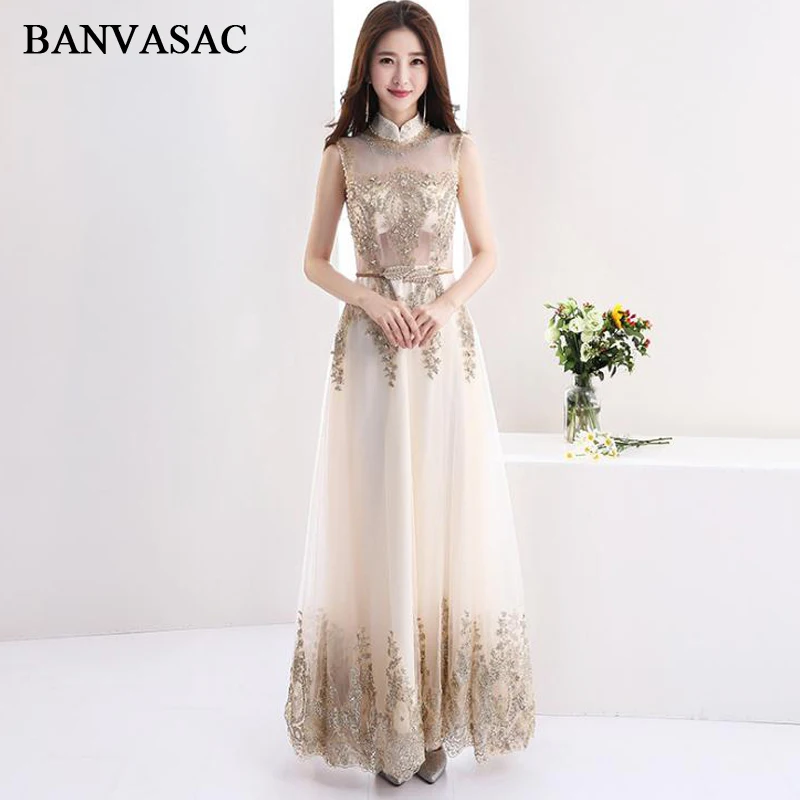 

BANVASAC 2018 Pearls High Neck Crystal A Line Lace Embroidery Long Evening Dresses Party Sequined Sash Illusion Back Prom Gowns
