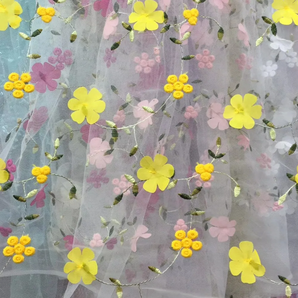 

3D applique fabric Net yarn three-dimensional embroidery chiffon flower lace fabric mesh material 130cm diy dress accessories