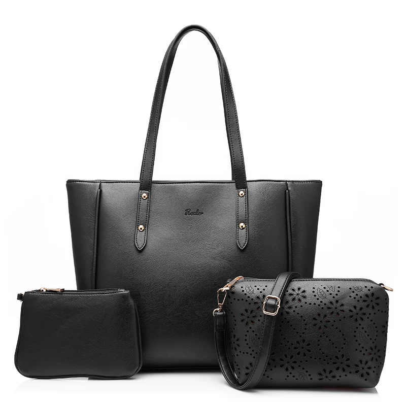 Realer бренд 3 комплекта женские сумки повседневная искусственная кожа сумка большой сумки на плечо+, сумки+ маленький кошелек - Цвет: Черный