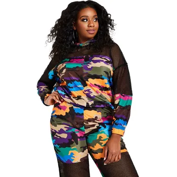 

2019 mesh plus size two piece set matching sets Camouflage hoodies and pant sets sexy sweat suit women tracksuits