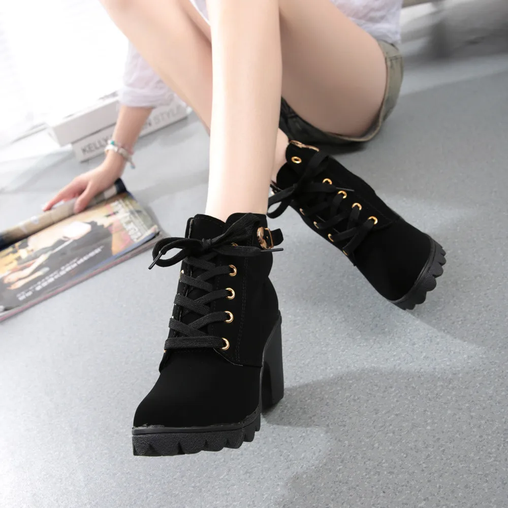 

Women's Spring Winter Boots Lace Up Ladies Snow Motorcycle Boot Fashion Square High Heel Big Plus Size Platform Flock Waterproof