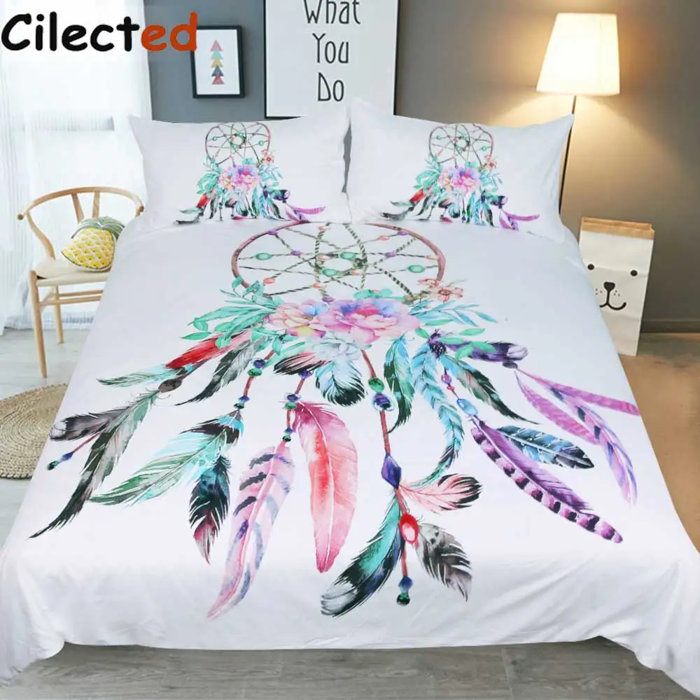 

Cilected Bohemian Watercolor Feather Printing Bedding Sets Beautiful Dream Catcher Duvet Cover Set With Pillowcase 3Pcs Au Size
