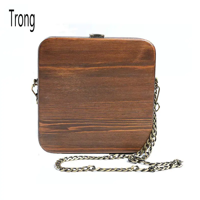 

Trong handmade nature arbor wooden bag fashion luxury party bag women's retro style square shoulder bag wallet purse clutch