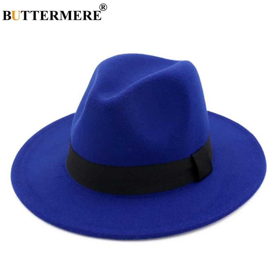 BUTTERMERE фетровые шляпы для девушек, хлопковая серая джазовая шляпа, Топ для женщин с широкими полями, британская Классическая фетровая шапочка, Женская осенне-зимняя фетровая шапочка - Цвет: blue hat