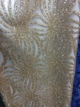 

Newest African Lace Fabric high quality Gold L2144-1 print glued glitter powder mesh tulle lace for party / evening dress