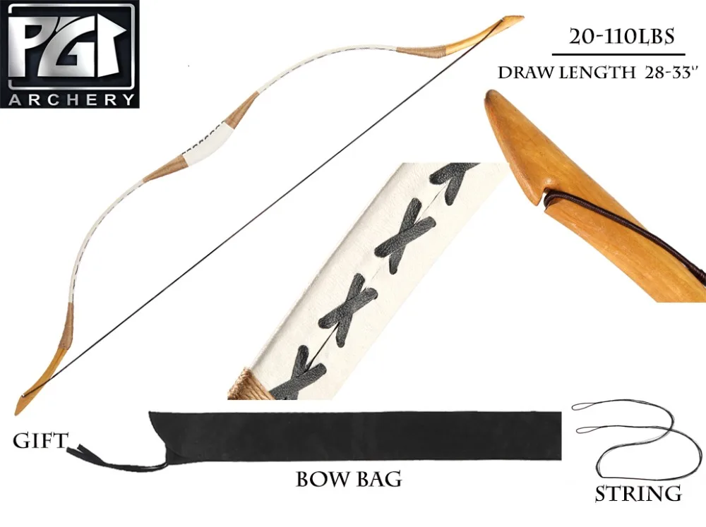 

PG1ARCHERY Traditional Recurve Bow Mongolian Horse Bow Longbow Archery Outdoor Hunting 20-110lbs@28 In White Color