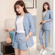 Set female 2019 spring and summer new sleeves suit nine pants two sets of temperament fashion stripes Slim women's clothing