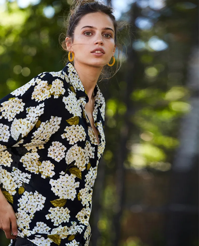 

2019 New Women Summer Shirt Hydrangea Flower Print Half Sleeve Blouse Top