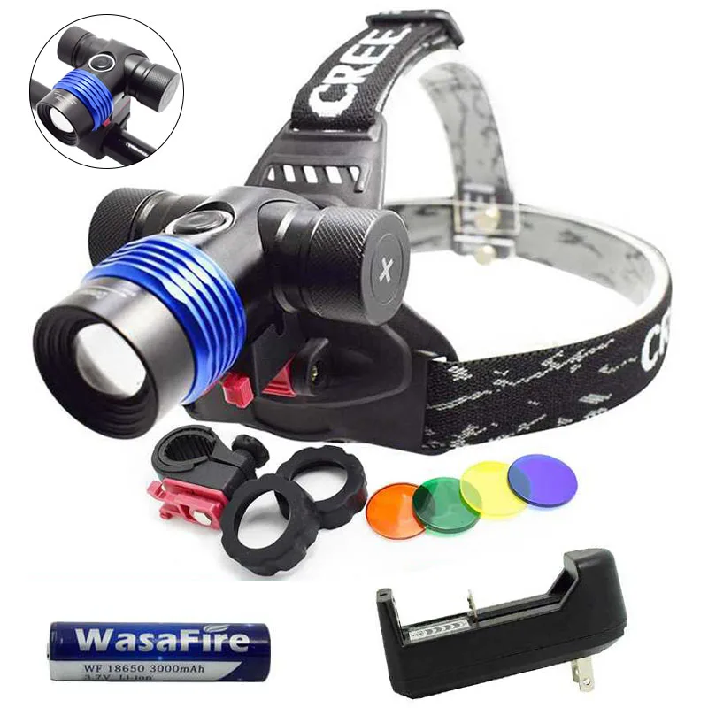 

2000lm XML T6 LED Headlamp 3 Modes Zoomable Headlight Bike Torch Light 2in1 Head Lamp with Bicycle Clamp Holder + 4 Color Filter