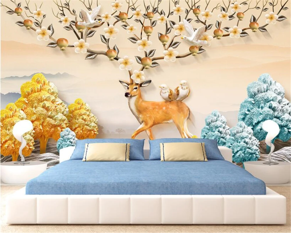 Beibehang Tangan Dicat Elk Relief Fortune Pohon 3D Wallpaper Modern