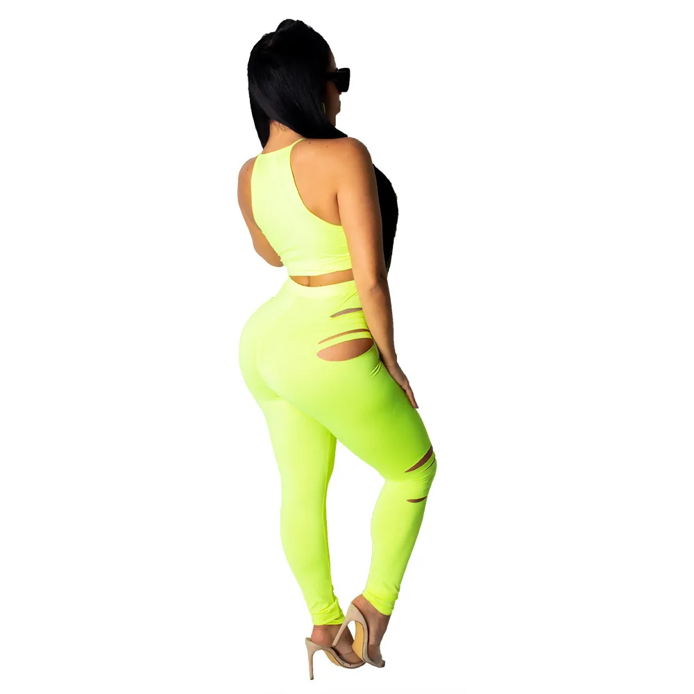 Adogirl Casual Fluorescent Color Tracksuit Sexy Burn Out Crop Top With Long Pants Bodycon Two Piece Set Night Club Women Outfit