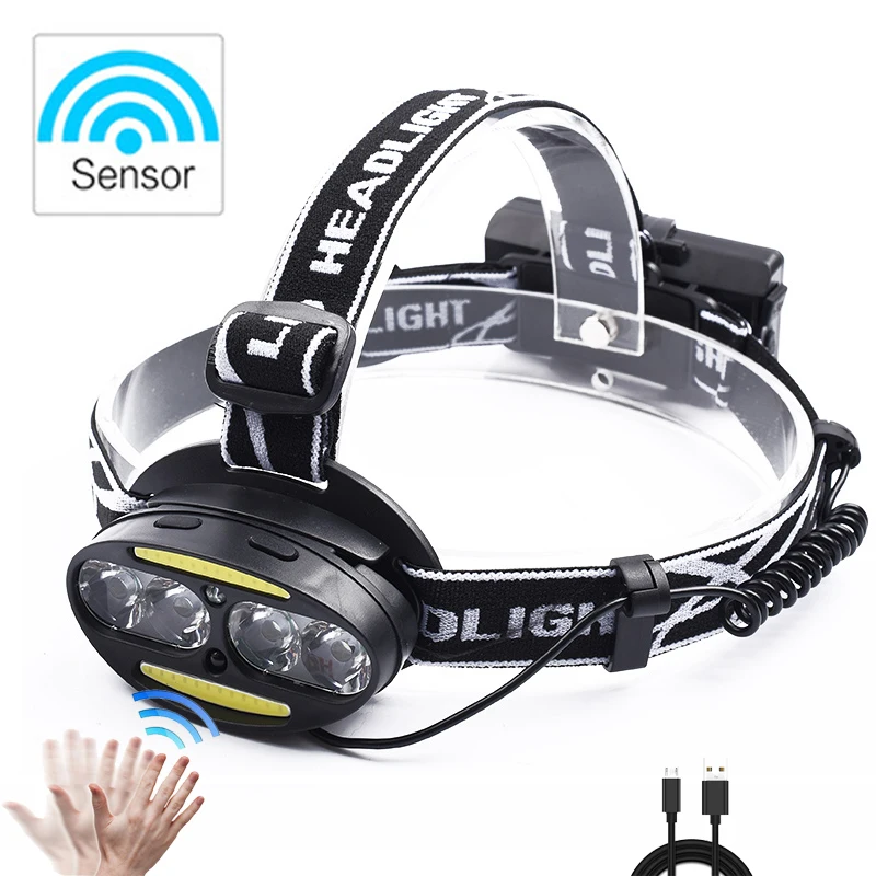 

Led Headlamp Headlight Sensor 4 T6 + 2 COB 3000LM Torch Head Lamp Flashlight Lantern 18650 Rechargeable USB Waterproof LED