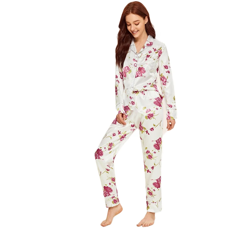 SHEIN, сатиновый пижамный комплект с цветочным принтом, женская одежда, весна-осень, длинные комплекты с пуговицами, с карманами, с длинным рукавом, пижамные комплекты, одежда для сна