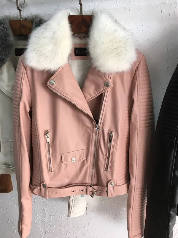 Хит, женские зимние теплые куртки из искусственной кожи с меховым воротником, женские куртки белого, черного, розового, винного цвета, Байкерская верхняя одежда
