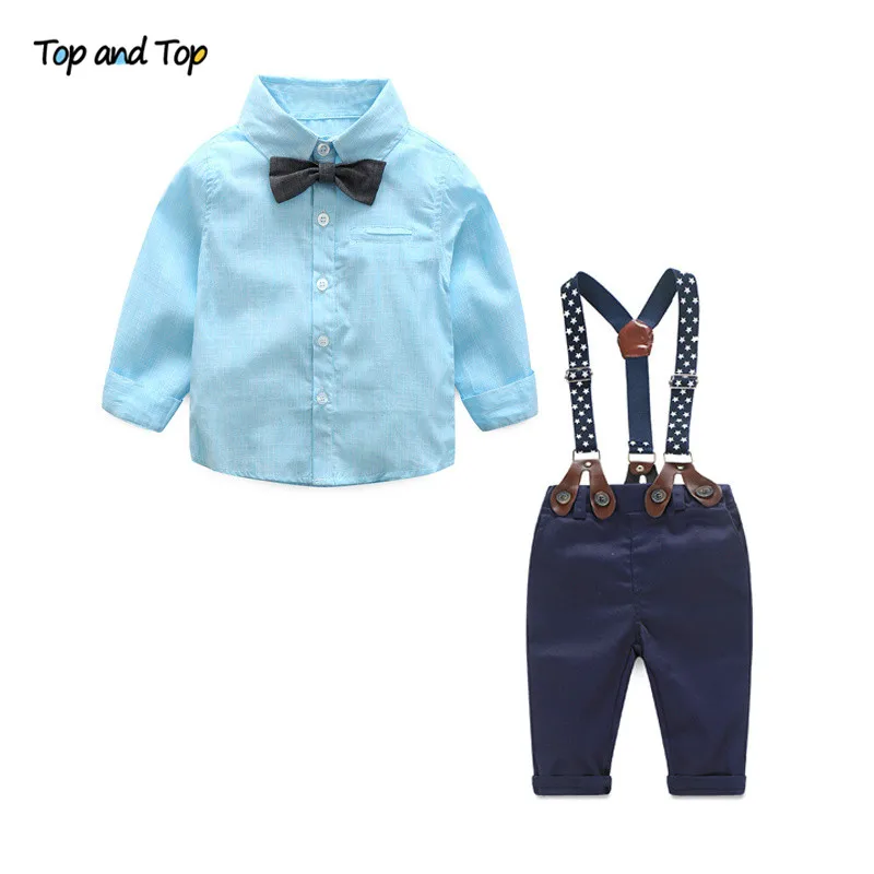 

Top and Top Baby Boy Clothes Long Sleeve Newborn Baby Sets Infant Clothing Gentleman Suit Stripe Bow Tie Shirt+Suspender Trouser