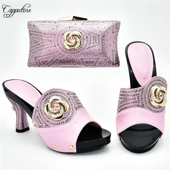 

Excellent lady high heel slipper shoes and evening bag set with stones for party 388-2 in pink, heel height 9cm