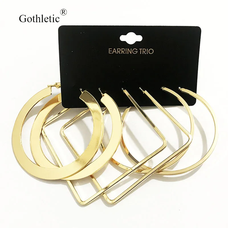 

Gothletic 60/80/60MM Gold Color Geometric Hoop Earrings for Women Fashion Jewelry 3prs/Set