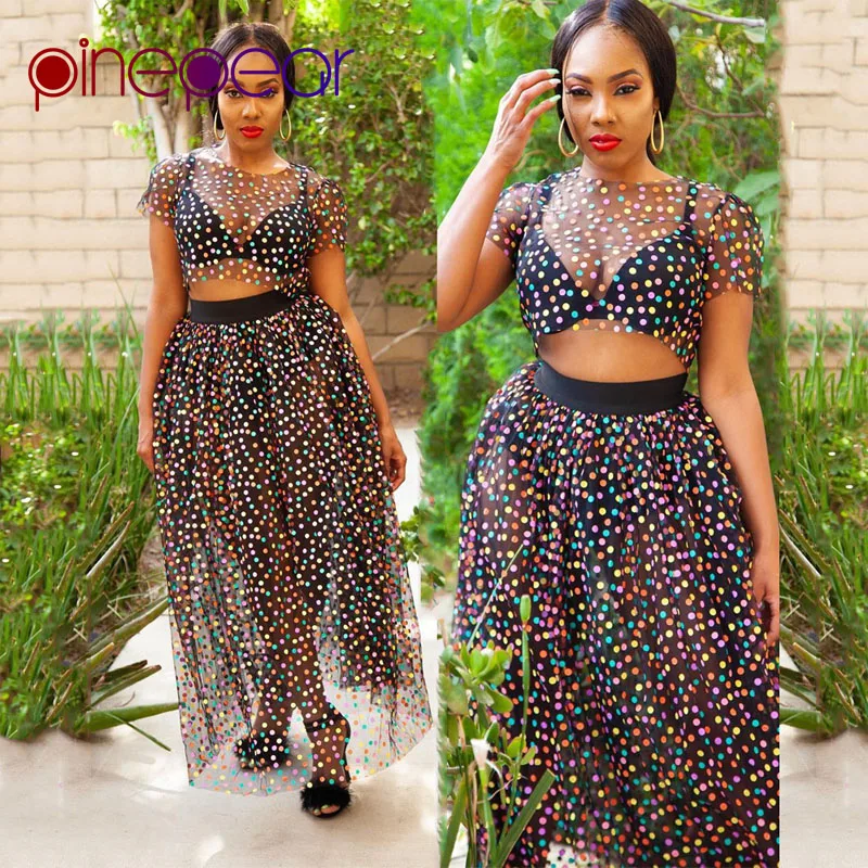 PinePear Candy Color 2019 Spring 2 Piece Set Cute Colourful Dot Transparent Mesh Sheer Maxi Dress Women Sweet Party Club Outfits PinePear Candy Color 2019 Spring 2 Piece Set Cute Colourful Dot Transparent Mesh Sheer Maxi Dress Women Sweet Party Club Outfits