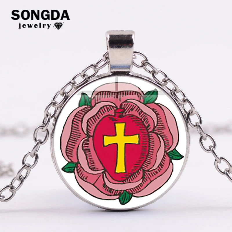 

SONGDA The Ancient and Mystical Rosae Crucis Chain Necklace Rosicrucian Rose Alchemy Sign Cartoon Print Glass Cabochon Necklace