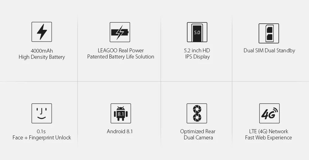 LEAGOO POWER 2 PRO, 4000 мАч, большой аккумулятор, сканер отпечатков пальцев, смартфон, 2 Гб+ 16 ГБ, двойная камера, Android 8,1, четыре ядра, 5,2 'HD, 4G, мобильный телефон