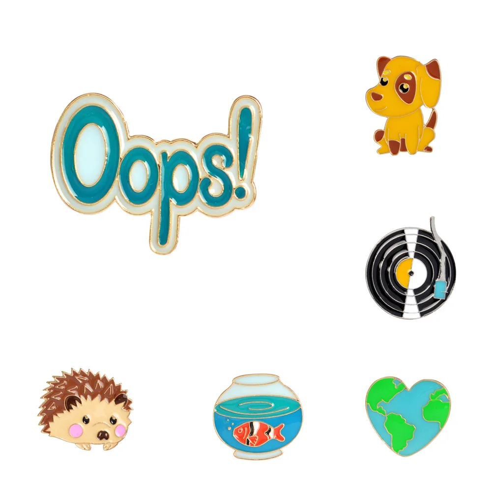 

1Pc Cute Hedgehog/Dog/Record/Goldfish/Oops Design Metal Brooches Pins Hats Clips Enamel DIY Lovely Cartoon Gift can dropshiping