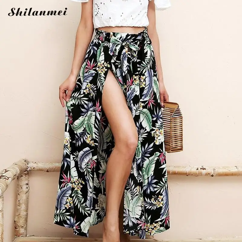 Boho Floral Printed Bohemian Beach Skirt 2018 Causal High Waist Side
