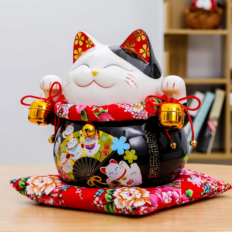 10 дюймов японская керамика Maneki Neko Lucky статуя кота фарфоровая черная удача кошка копилка фэншуй орнамент украшение дома