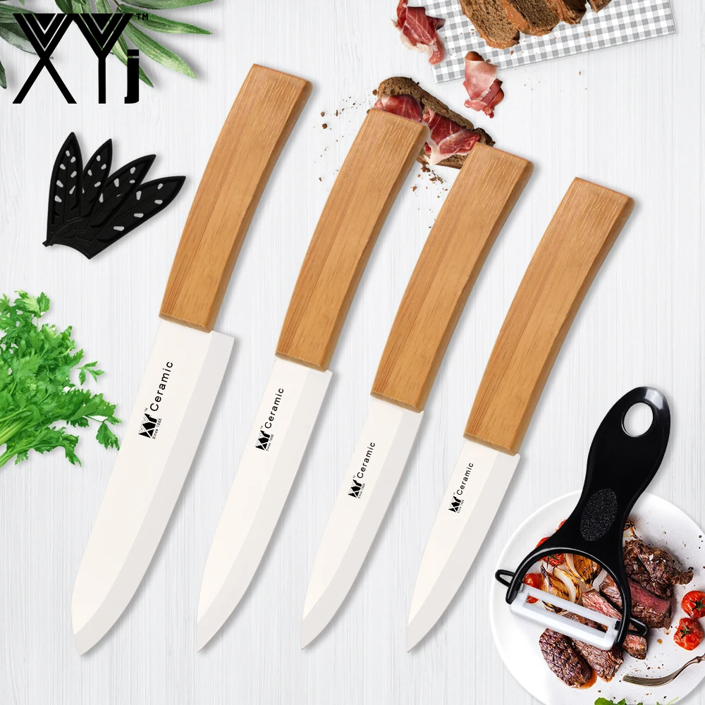 

XYj Cooking Ceramic Chef Knife 5PCS Set Bamboo Handle Peeler 6'' 5'' 4'' 3'' Sharp Black White Blade Knife Kitchen Accessory