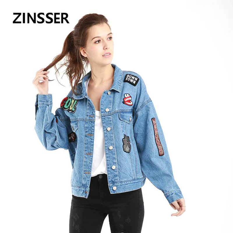 Otoño Invierno mujeres Denim chaqueta elegante de gran suelta bordado parche manga larga lavado azul mujer señora abrigo|chaquetas básicas| -