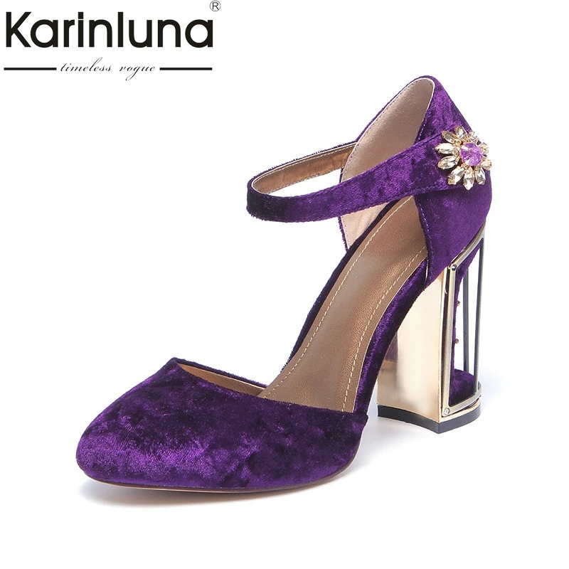 

KarinLuna 2018 Summer Brand Velvet Sandal Crystal Strange High Heels Leather Lining Shoes Woman Big Size 33-41 Women Date Shoe