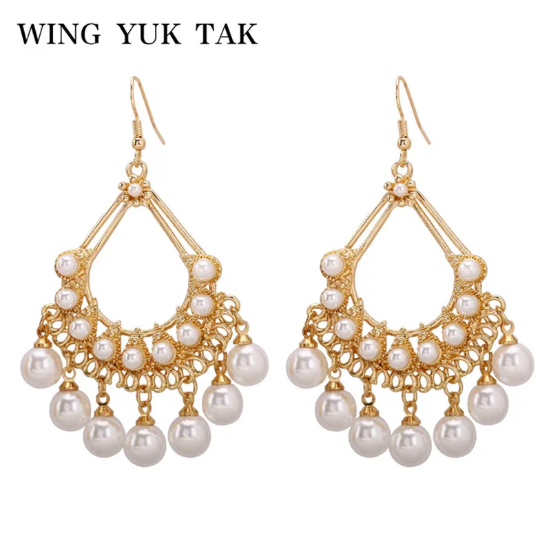 

wing yuk tak Boho Simulated Pearl Tassel Earrings For Women Fashion Bohemia Gold Statement Dangle Drop Earrings Female