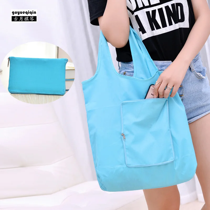 

Solid Color Reusable Shopping Bag Women Foldable Zipper Closure Shoulder Bag for Shopper Tote Bag Large Capacity Storage Handbag