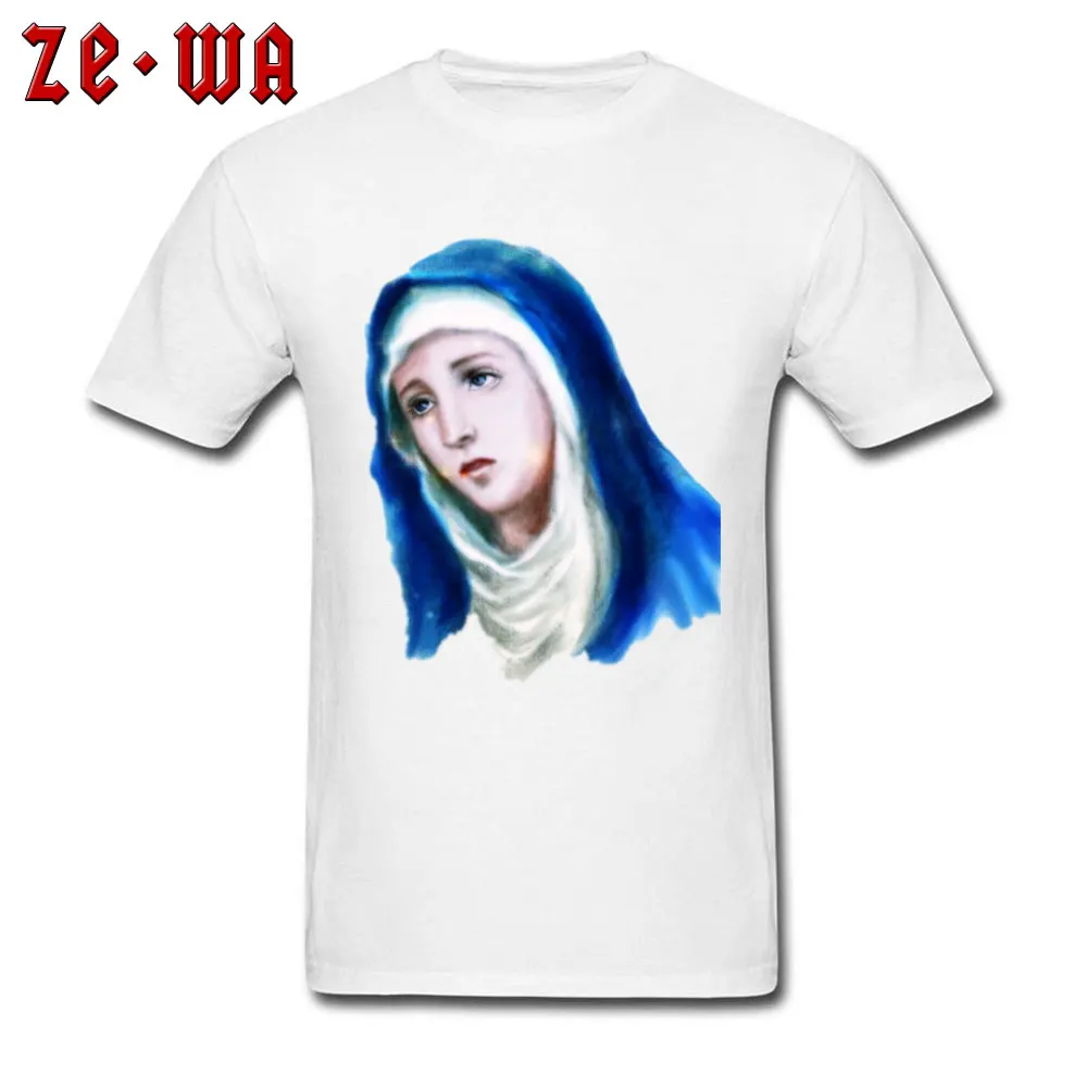 Fitted Men's T Shirt Virgin Mary Painting Printed On Tops Tees Pure Cotton Short Sleeve Classic T-shirts Crewneck Virgin Mary Painting white