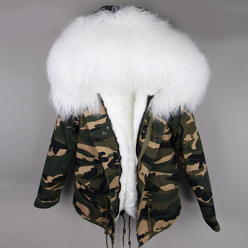 Parka Real Fur Coat Winter Jacket Women Real Mongolia Sheep Fur Parkas Thick Warm Luxury Detachable Outerwear Streetwear - Цвет: camo white