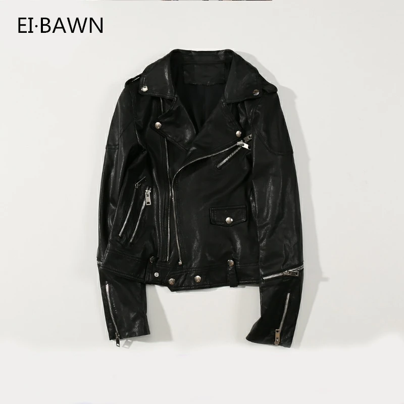 2018 New Arrival Autumn Women Jackets Genuine Leather Black Moto&Biker Short Zipper Lapel Fashion Ladies Real Sheepskin Jackets