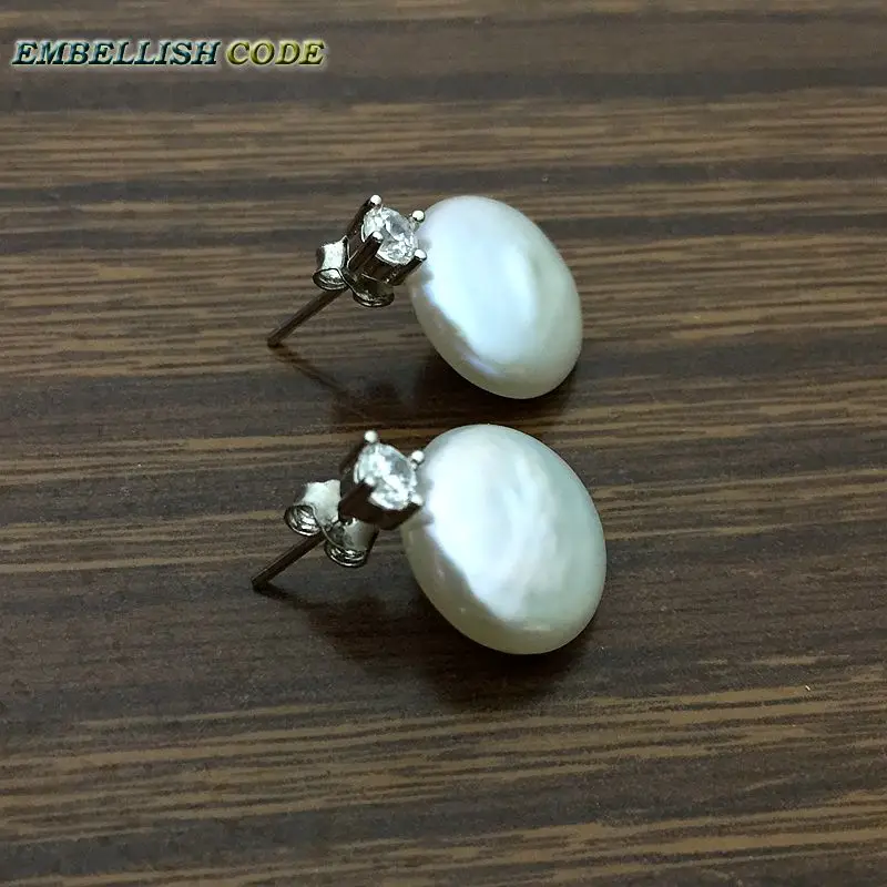 charming natural freshwater coin Button 13mm flat round fine pearls jewelry earrings zirconium for women