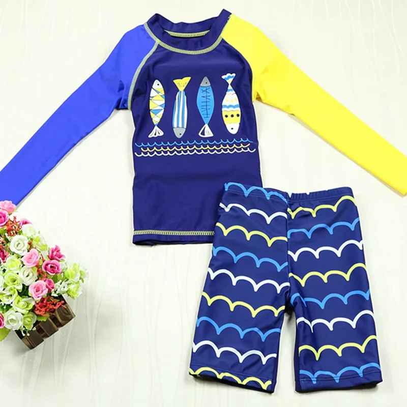 

Boy Children Swimwear Printed Sunshade Nylon Long Sleeve Shirt Fifth Pants Shorts Two Piece Swimsuit Beach Swimming Surfing