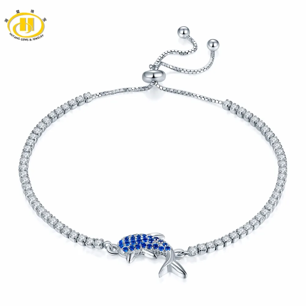 Hutang Solid 925 Sterling Silver Created Sapphire Dolphin Adjustable Bracelets for Women s Girl s Crystal