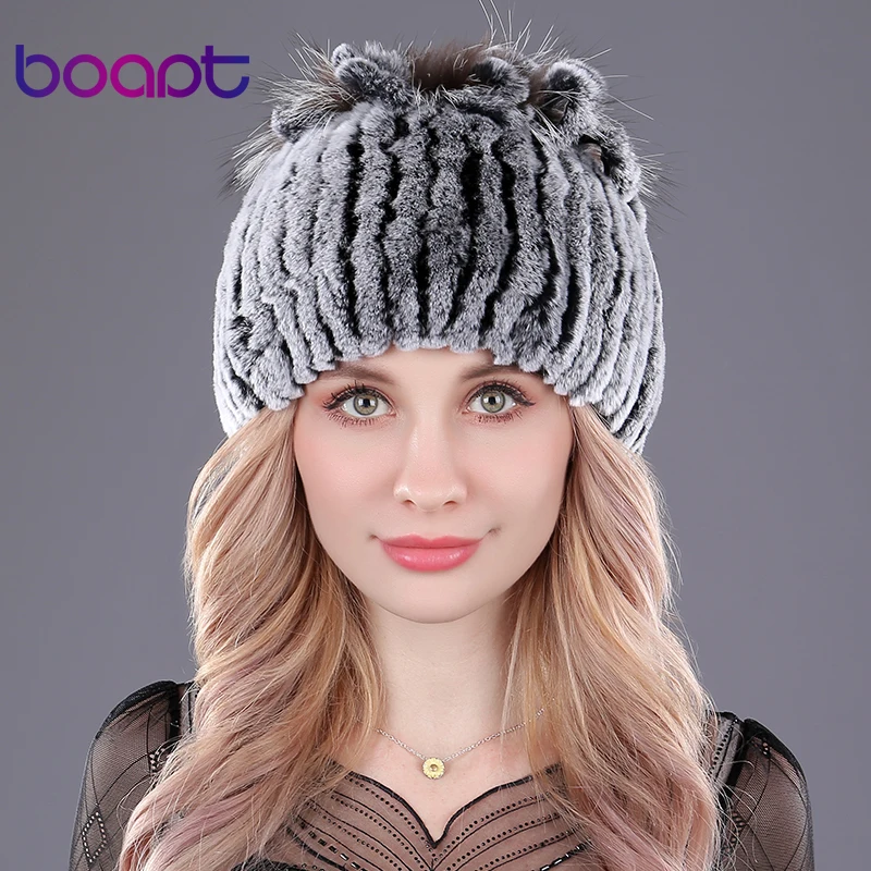 [boapt] Genuine Rex Rabbit Fur Women's Hats Winter Beanie Striped Head