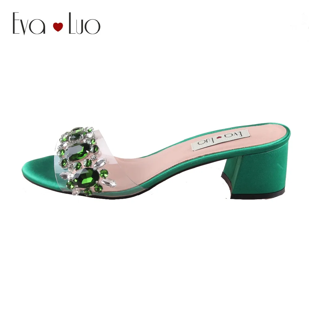 

CHS1003 Custom Made African Rhinestones Green Block Heel Low Heel Women Slipper Wedding Shoes Women Slides Party Shoes