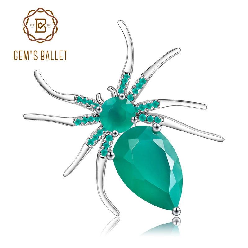 GEM'S BALLET Natural Green Agate Gemstone Brooch 925 Sterling Sliver Handmade Design Spider Brooches For Women Fine Jewelry-0