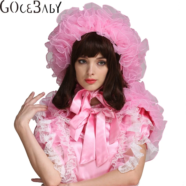 Forced Sissy Girl Extreme Prissy Organza Puffy Pink Bonnet With Cape In