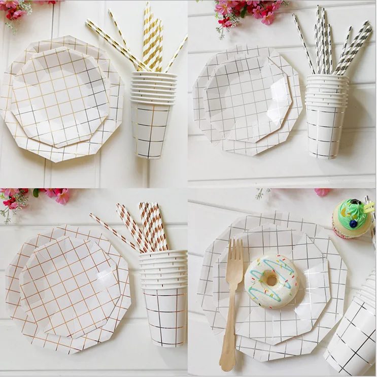 49PCS/Set Lattice Disposable Tableware Set Nordic Style Gold Silver Birthday Party Wedding Carnival Paper Tableware Xmas
