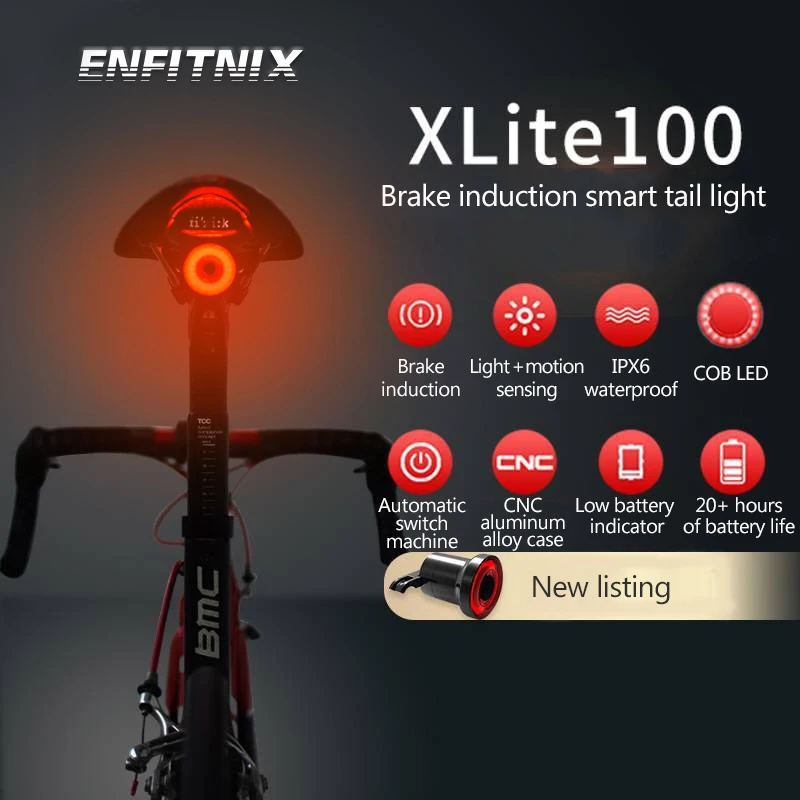 Cheap Xlite100 Bicycle Taillight Auto Start/Stop Brake Sensing IPx6 Waterproof LED Charging Cycling Enfitnix 30 lumens Rear Light bike 0