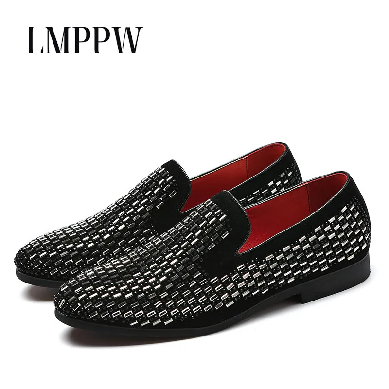 

British Style Black Rhinestone Men Loafers Leather Casual Shoes Big Size Soft Moccasins Men Flats Wedding Party Shoes 2A